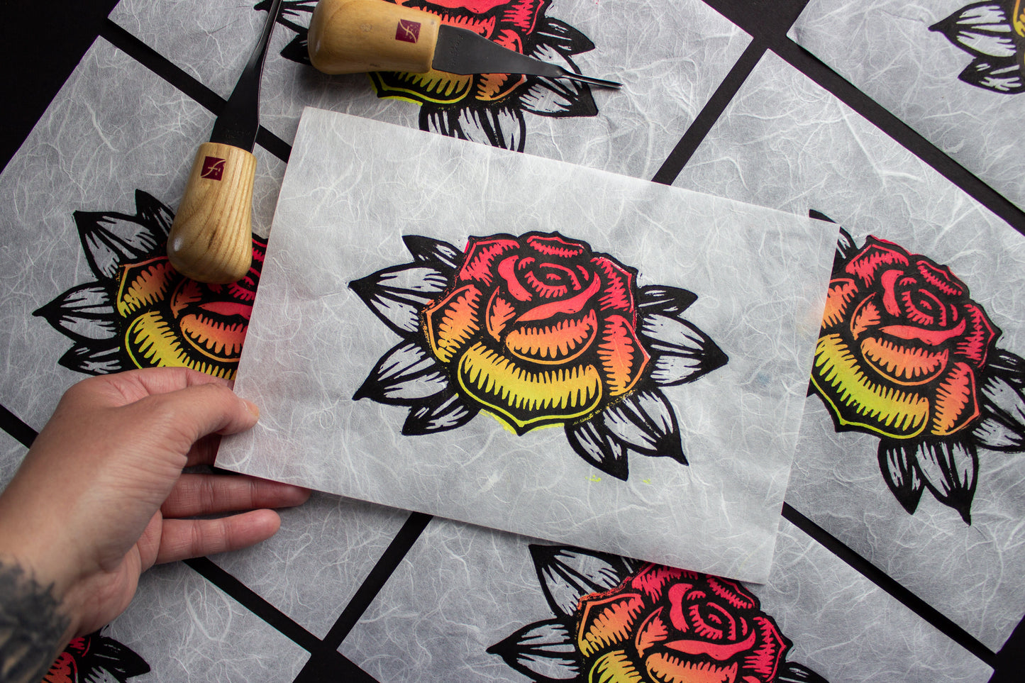Fluorescent Floral Linocut Print