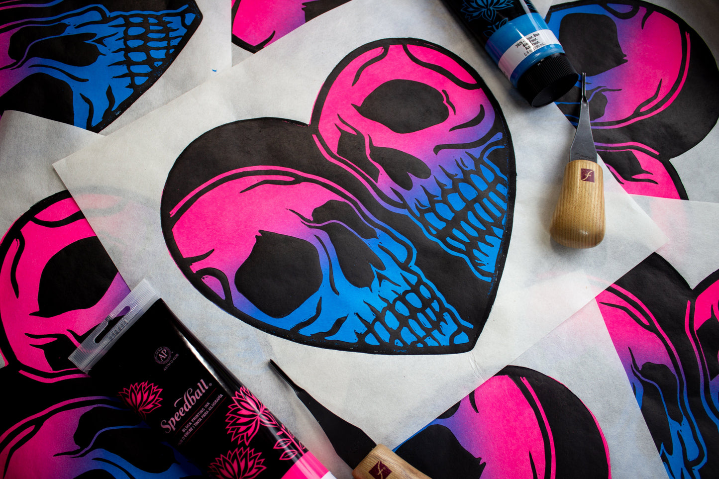 Couple Things Blue & Pink Linocut Print