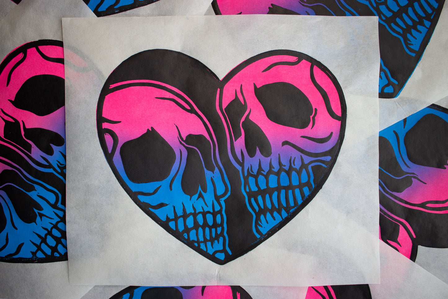 Couple Things Blue & Pink Linocut Print