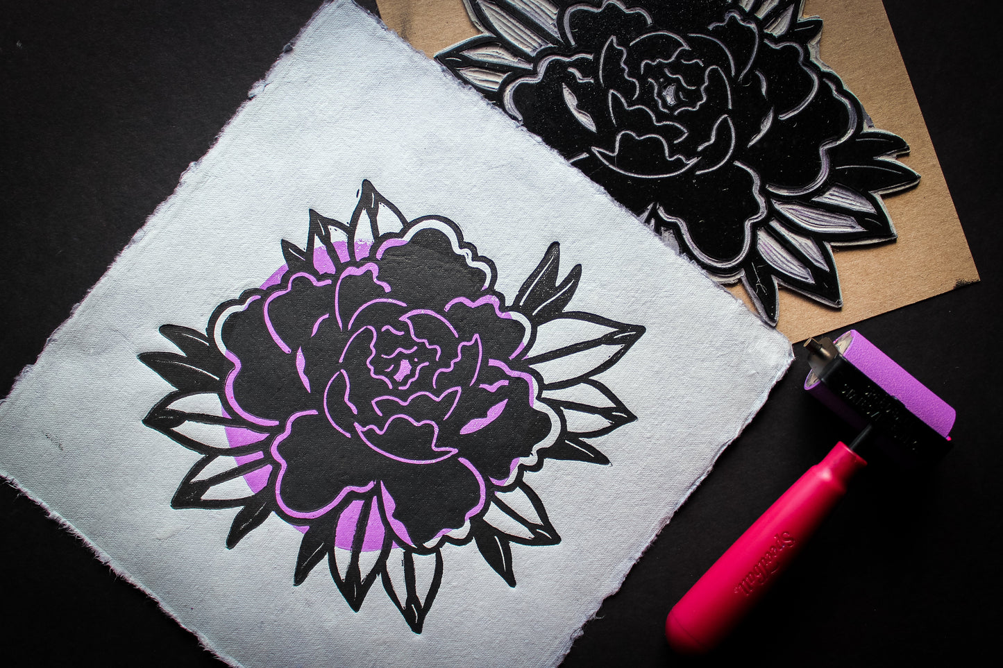 Purple Peony Linocut Print