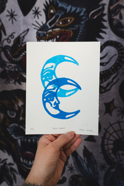 Blue Moons Linocut Print