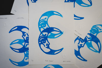 Blue Moons Linocut Print