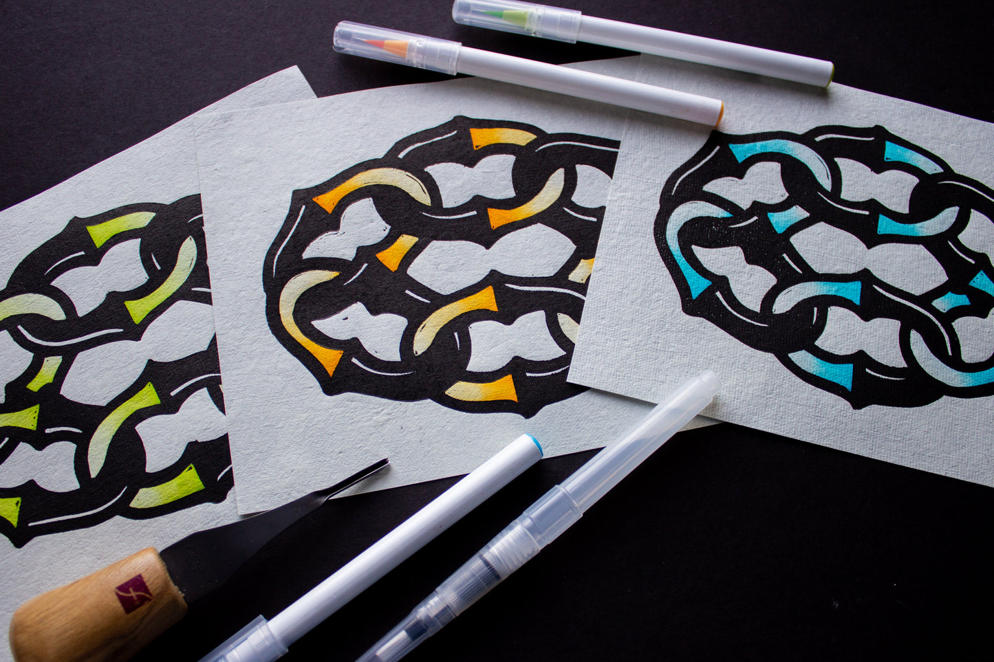 Link Up Hand-Painted Linocut Print